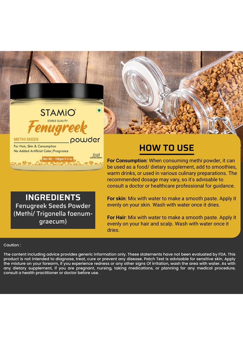 Stamio Fenugreek Powder 100 Gm For Hair Growth, Pack, Face, Skin Care, Mask | Natural Methi Dana/Seeds Men & Women In Jar 3.53 Oz