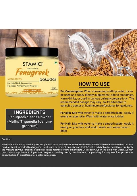 Stamio Fenugreek Powder 100 Gm For Hair Growth, Pack, Face, Skin Care, Mask | Natural Methi Dana/Seeds Men & Women In Jar 3.53 Oz