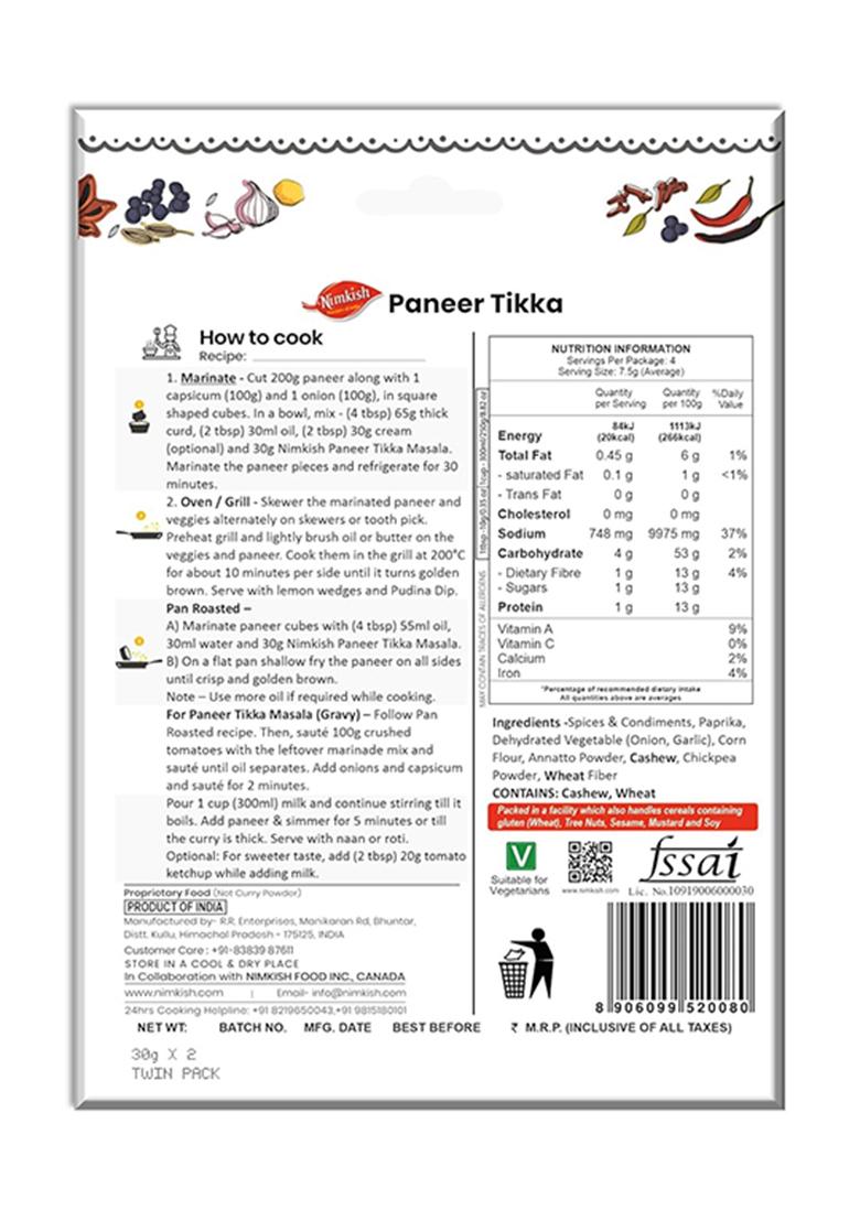 Nimkish Paneer Tikka Spice Mix Pack Of 2 | Ready To Cook Masala 60G Each Complete Premix For Dry Or Gravy Blend Cumin Coriander Garlic Ginger And Chili