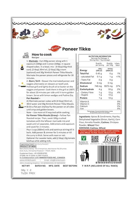 Nimkish Paneer Tikka Spice Mix Pack Of 2 | Ready To Cook Masala 60G Each Complete Premix For Dry Or Gravy Blend Cumin Coriander Garlic Ginger And Chili