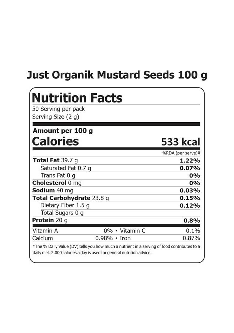 Just Organik - Organic Mustard Seeds 100G, 100% | Sarso Ke Beej Black For Cooking - Indya