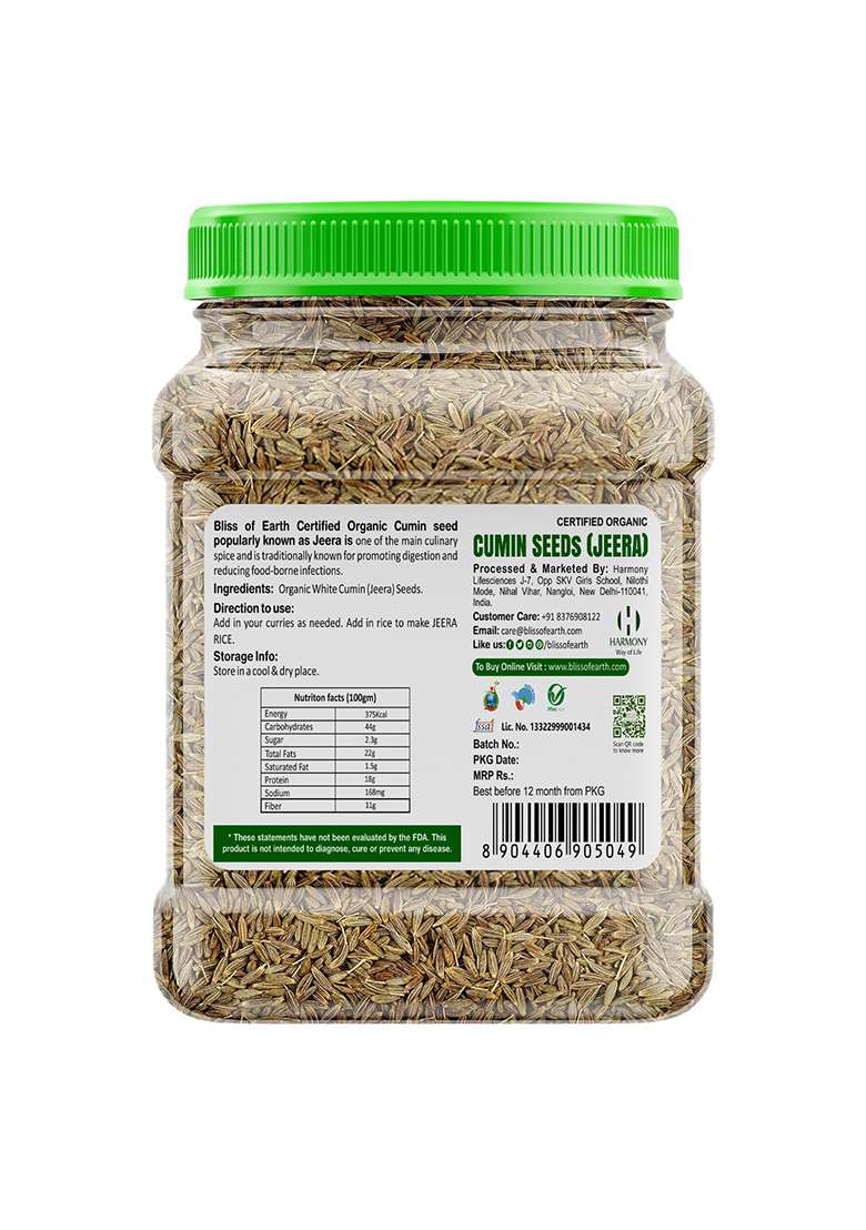 Bliss Of Earth 400Gm Certified Organic Sabut Jeera - Indya