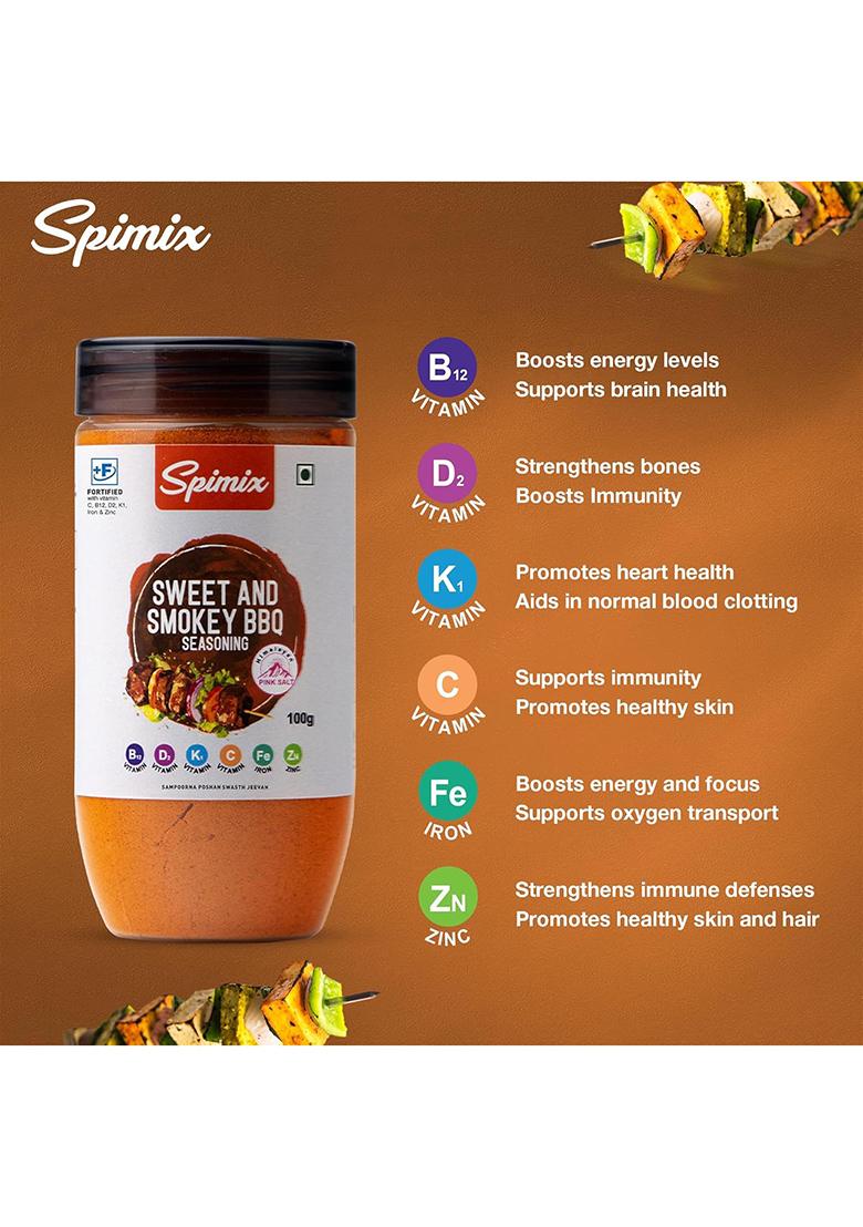Spimix Sweet & Smokey Bbq Seasoning | 100G Made Healthier With Vitamin B12 D And Himalayan Pink Salt| Tangy, Bold Spice Blend For Grilling, Marinades, Roasted Veggies Snacks
