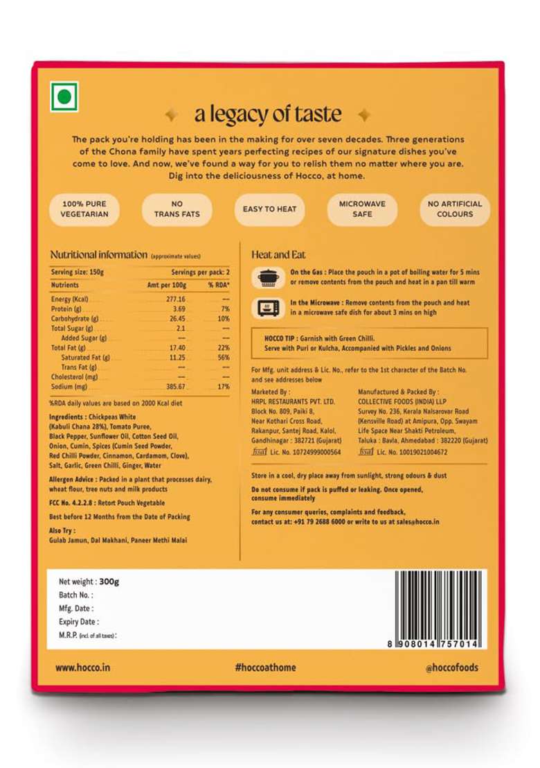 Hocco Chana Masala Ready To Eat | Just Heat And Pure Veg Indian Food No Added Preservative & Colours Meal In 5 Minutes Microwave-Able Serves 2 300Gm (Pack Of 3) - Indya