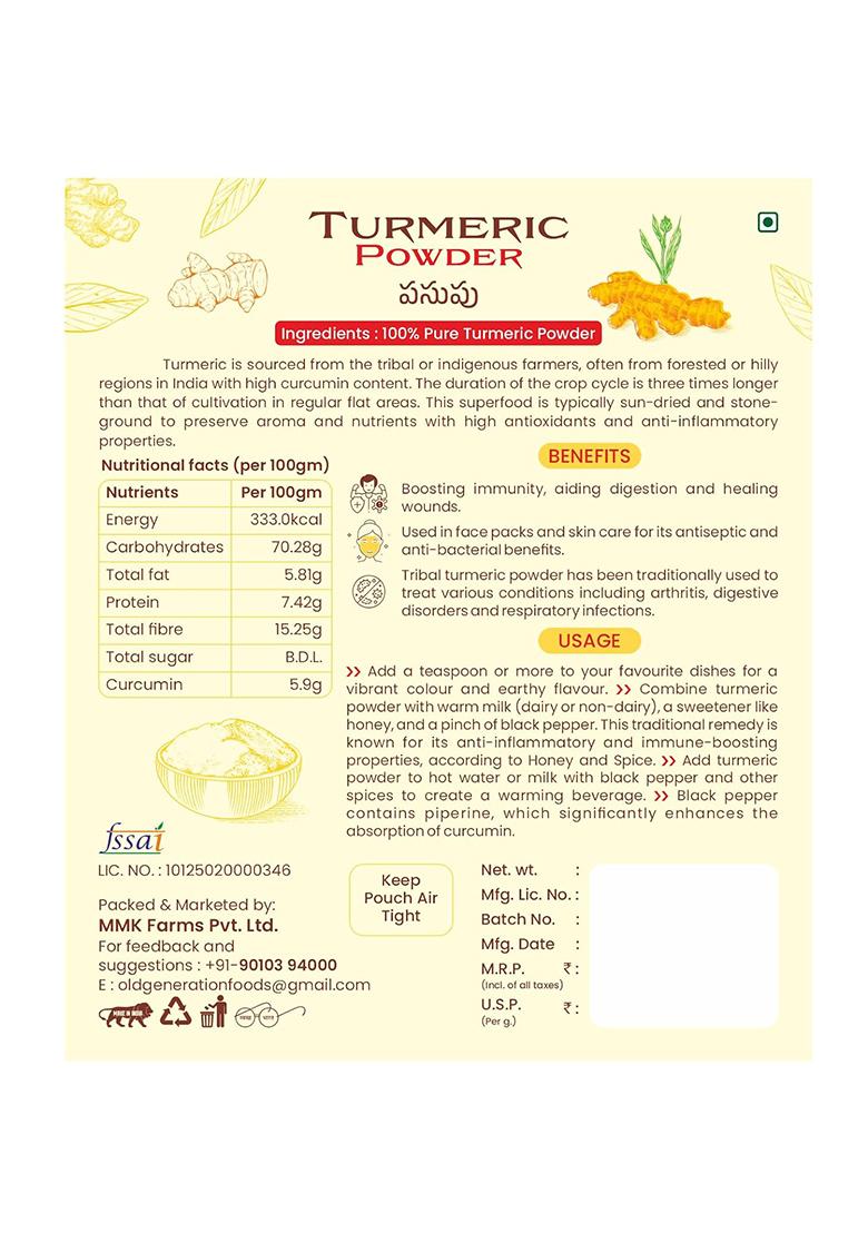 Old Generation Foods Turmeric Powder, 100% Pure Traditional Stone-Ground, High Curcumin Content, 100G