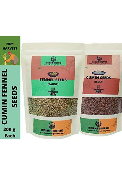 Indiana Organic Combo, Cumin Seeds (Jeera) - 200 Gram, Fennel (Saunf) Gram Each