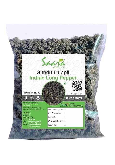 Saara Herbal Fresh Gundu Thippili, 100G, Urundai Round Indian Long Pepper Dried, (Pack Of 1 X 100G)