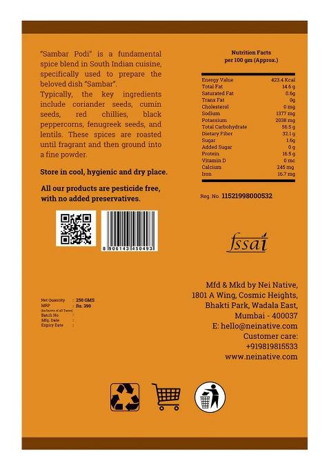 Nei Native Sambar Podi 250G | Authentic Tamil-Style Powder Flavor-Rich South Indian Masala No Preservatives Homemade Taste Vegetarian & Pesticide-Free