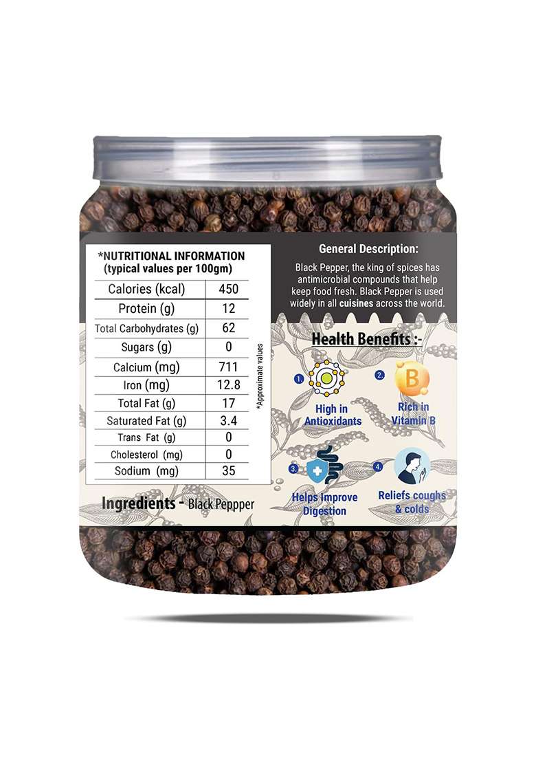 Brew Lab 100% Natural Whole Black Pepper (Sabut Kali Mirch) | Peppercorn Nalla Miriyalapudi No Added Color Preservatives 250 Gm - Indya