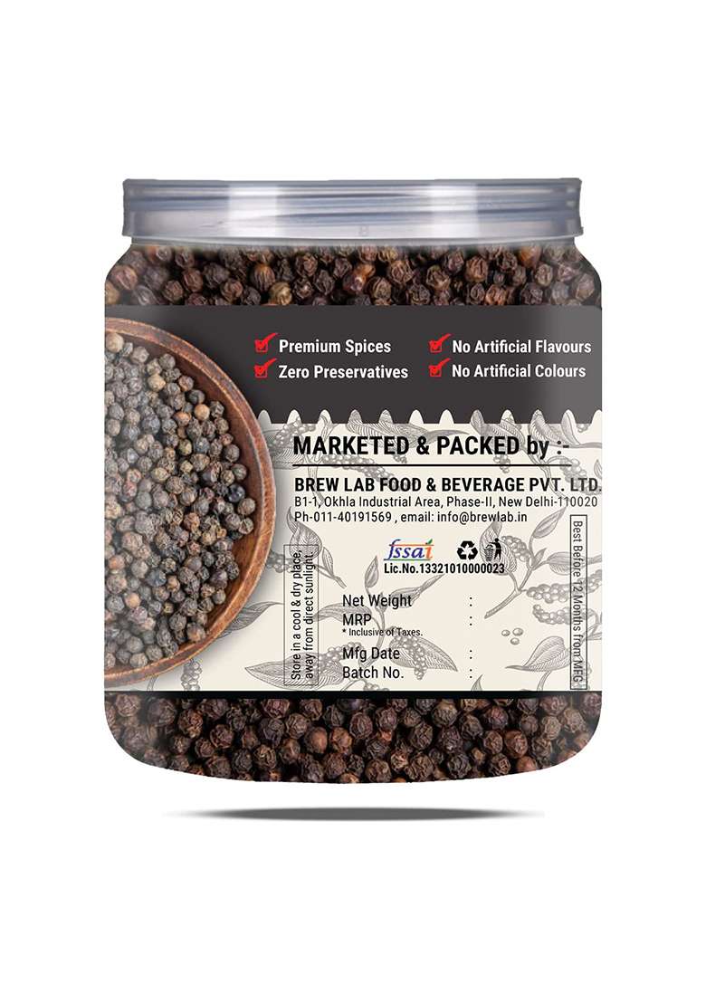 Brew Lab 100% Natural Whole Black Pepper (Sabut Kali Mirch) | Peppercorn Nalla Miriyalapudi No Added Color Preservatives 250 Gm - Indya