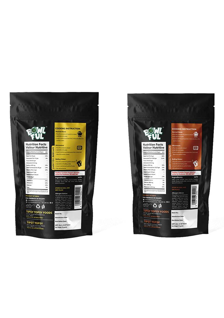 Bowlful Pack Of 2 Jain Hyderabadi Meal Combo 100% Natural Dal Makhani And Veg Biryani Ready To Eat Freeze Dried Food