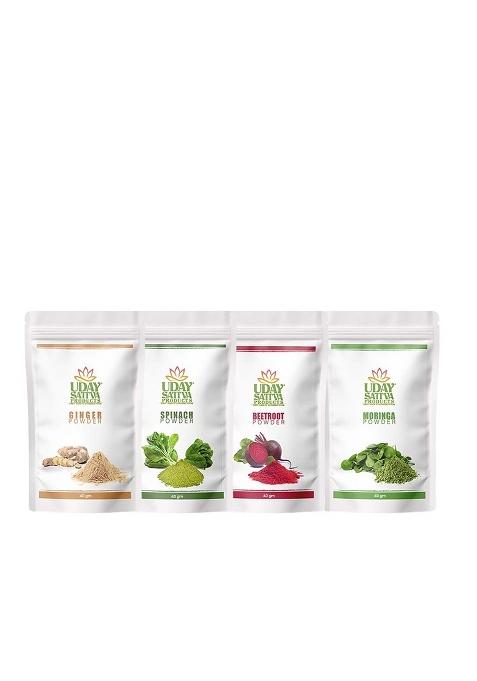 Uday Sattva Products Superfood Essentials Combo | Pack Of 4 Moringa, Beetroot, Spinach & Ginger Powders (40G Each) Rich In Nutrients, Antioxidants Minerals Supports Immunity, Digestion, Detox, Energy Vitality