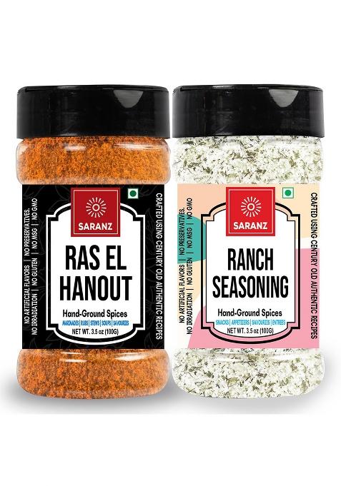 Saranz Ras El Hanout & Ranch Seasoning (Combo Pack) Exotic Strong Flavoured | Perfect For Snacks, Appetizers, Main Dishes Aromatic Mix In Sauces, Marinades, Dressing, Snacks 100 Gms Jar