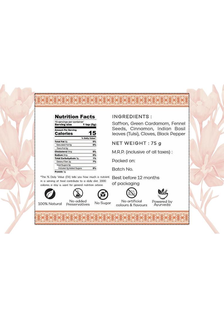 Tea Tops India Kashmiri Kesar Chai Masala | Premium Blend Of Fragrant Spice Mix Including Cardamom, Cloves With Earthy Tones Cinnamon Topped Aromatic Rose Petals And Saffron For A Heavenly Experience 75 Gms