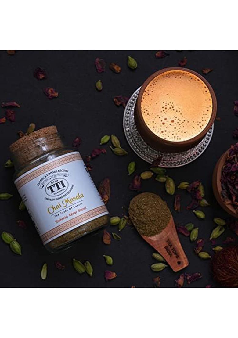 Tea Tops India Kashmiri Kesar Chai Masala | Premium Blend Of Fragrant Spice Mix Including Cardamom, Cloves With Earthy Tones Cinnamon Topped Aromatic Rose Petals And Saffron For A Heavenly Experience 75 Gms