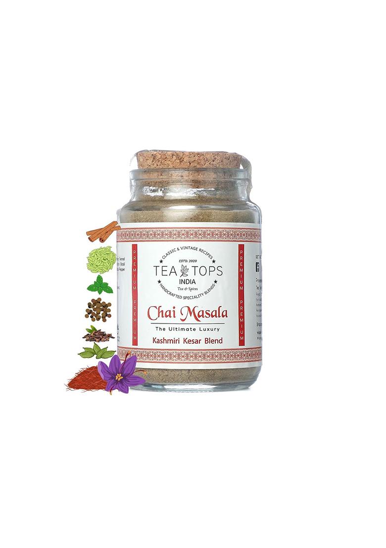 Tea Tops India Kashmiri Kesar Chai Masala | Premium Blend Of Fragrant Spice Mix Including Cardamom, Cloves With Earthy Tones Cinnamon Topped Aromatic Rose Petals And Saffron For A Heavenly Experience 75 Gms