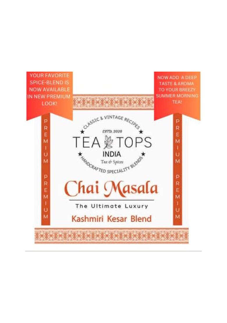 Tea Tops India Kashmiri Kesar Chai Masala | Premium Blend Of Fragrant Spice Mix Including Cardamom, Cloves With Earthy Tones Cinnamon Topped Aromatic Rose Petals And Saffron For A Heavenly Experience 75 Gms