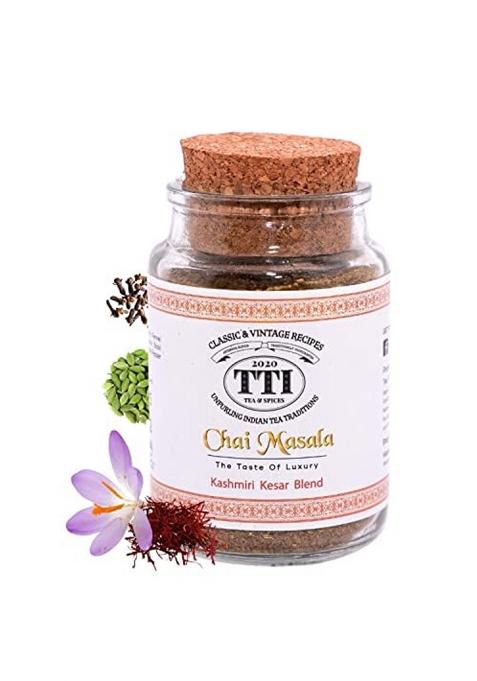 Tea Tops India Kashmiri Kesar Chai Masala | Premium Blend Of Fragrant Spice Mix Including Cardamom, Cloves With Earthy Tones Cinnamon Topped Aromatic Rose Petals And Saffron For A Heavenly Experience 75 Gms