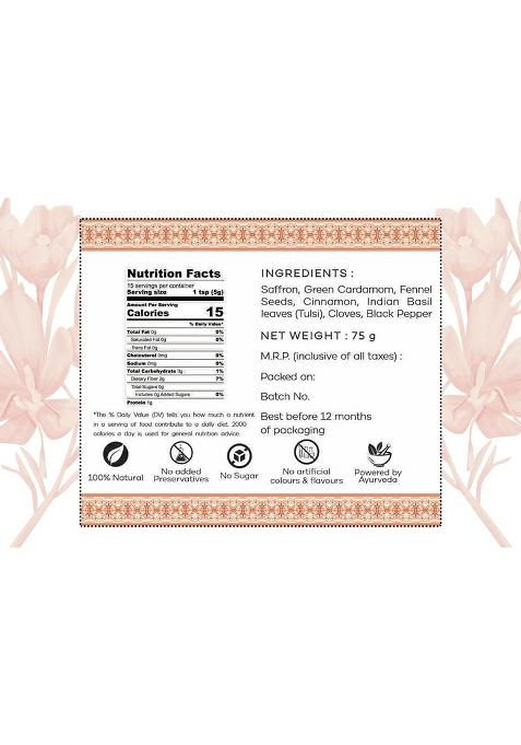 Tea Tops India Kashmiri Kesar Chai Masala | Premium Blend Of Fragrant Spice Mix Including Cardamom, Cloves With Earthy Tones Cinnamon Topped Aromatic Rose Petals And Saffron For A Heavenly Experience 75 Gms