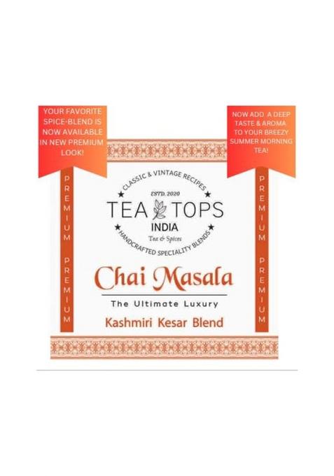 Tea Tops India Kashmiri Kesar Chai Masala | Premium Blend Of Fragrant Spice Mix Including Cardamom, Cloves With Earthy Tones Cinnamon Topped Aromatic Rose Petals And Saffron For A Heavenly Experience 75 Gms