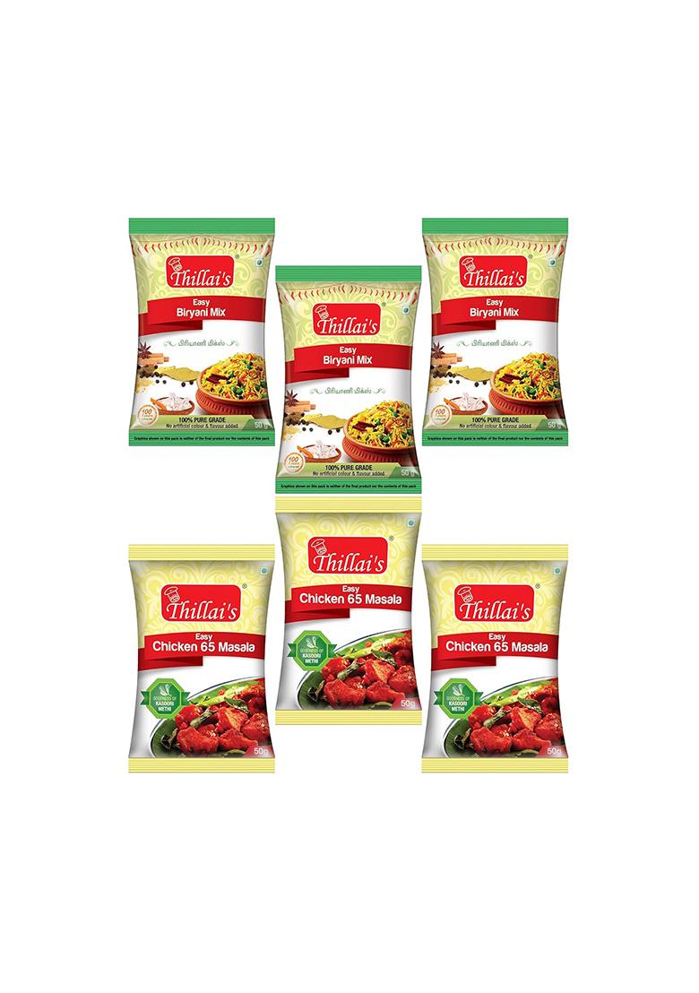 Thillai'S Easy Biriyani Masala Mix & Chicken 65 Combo- 50G (Each Pack Of 3) | To Cook Non-Veg Masalas Blended Spice For Healthy Delicious Flavourful Cooking