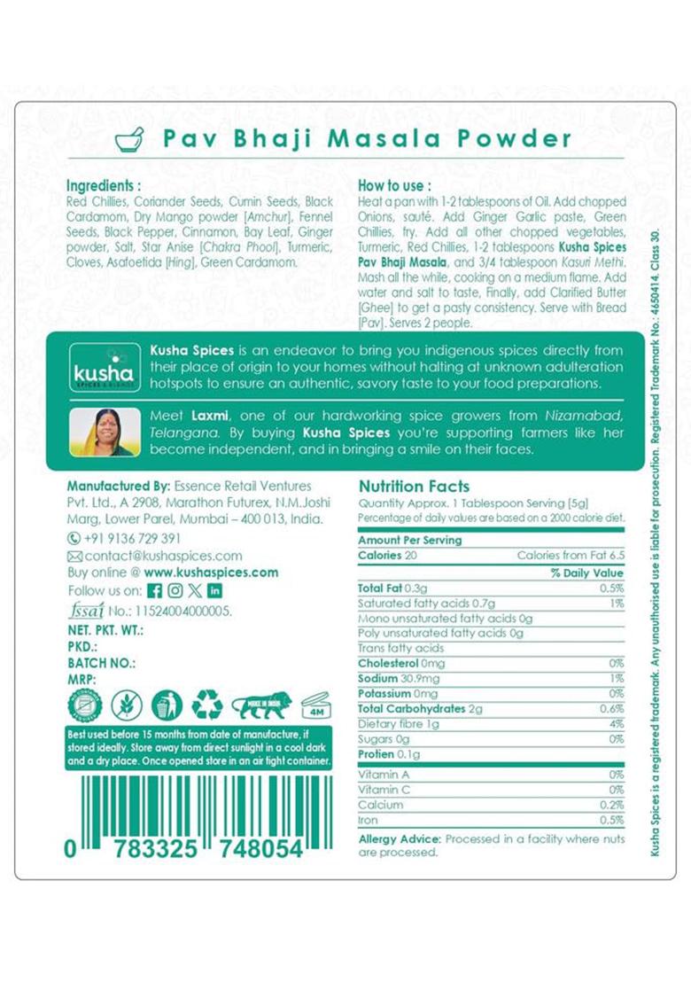 Kusha Spices & Blends Pav Bhaji Masala (100G) | Proprietary Blend Powered Spice Natural Delicately Aromatic Contains Cinnamon Flavorful Original Recipe Vegetable Curry Bread