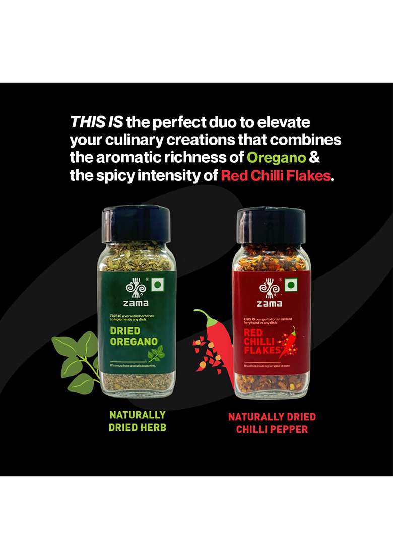 Zama Seasoning Combo Pack | Dried Oregano 55 Grams Red Chilli Flakes 45 Moisture-Free| Authentic And Exotic Flavour Of 2 - Indya