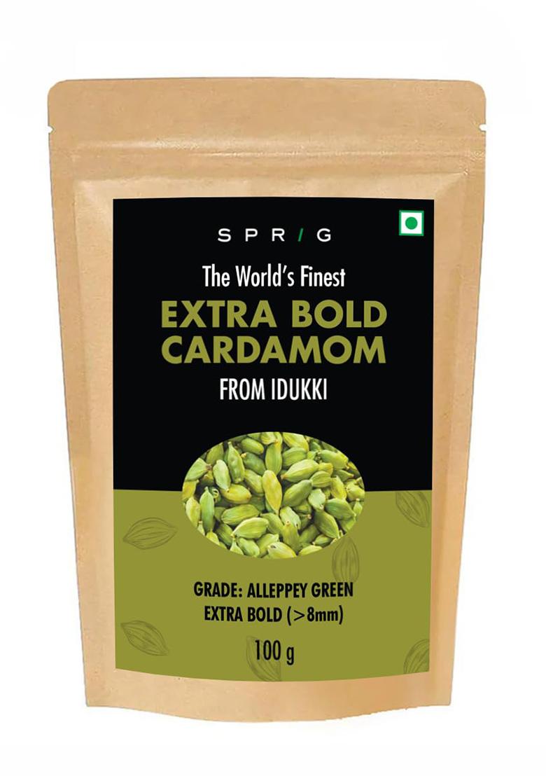 S P R I G Sprig Cardamom Extra Bold 100G | >8Mm Premium Elaichi Pods Handpicked From Idukki Plantations Natural Green For Masala Chai, Biryani, Kheer, Desserts