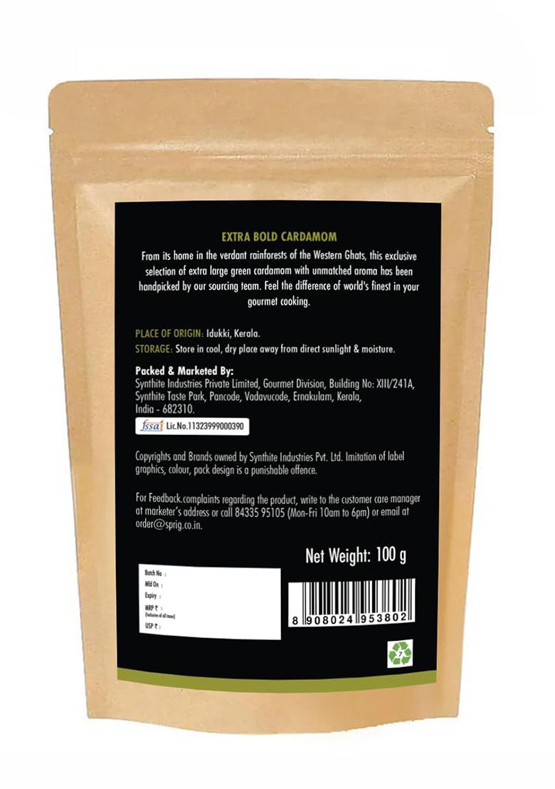 S P R I G Sprig Cardamom Extra Bold 100G | >8Mm Premium Elaichi Pods Handpicked From Idukki Plantations Natural Green For Masala Chai, Biryani, Kheer, Desserts