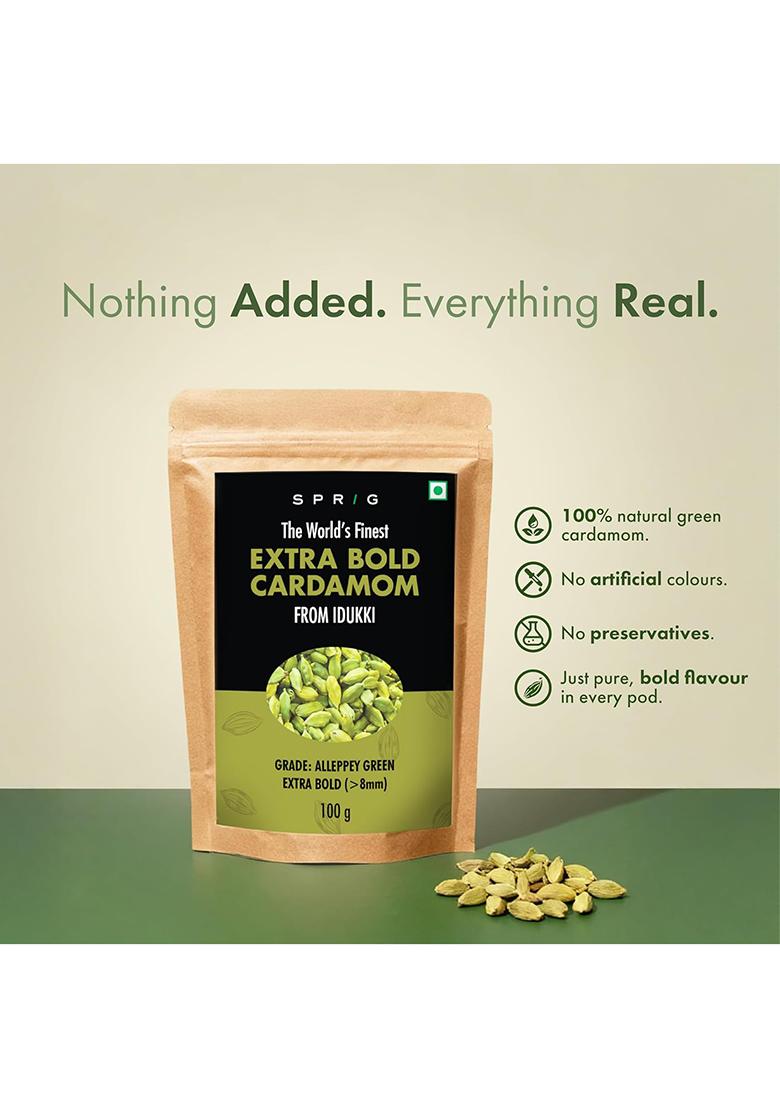 S P R I G Sprig Cardamom Extra Bold 100G | >8Mm Premium Elaichi Pods Handpicked From Idukki Plantations Natural Green For Masala Chai, Biryani, Kheer, Desserts