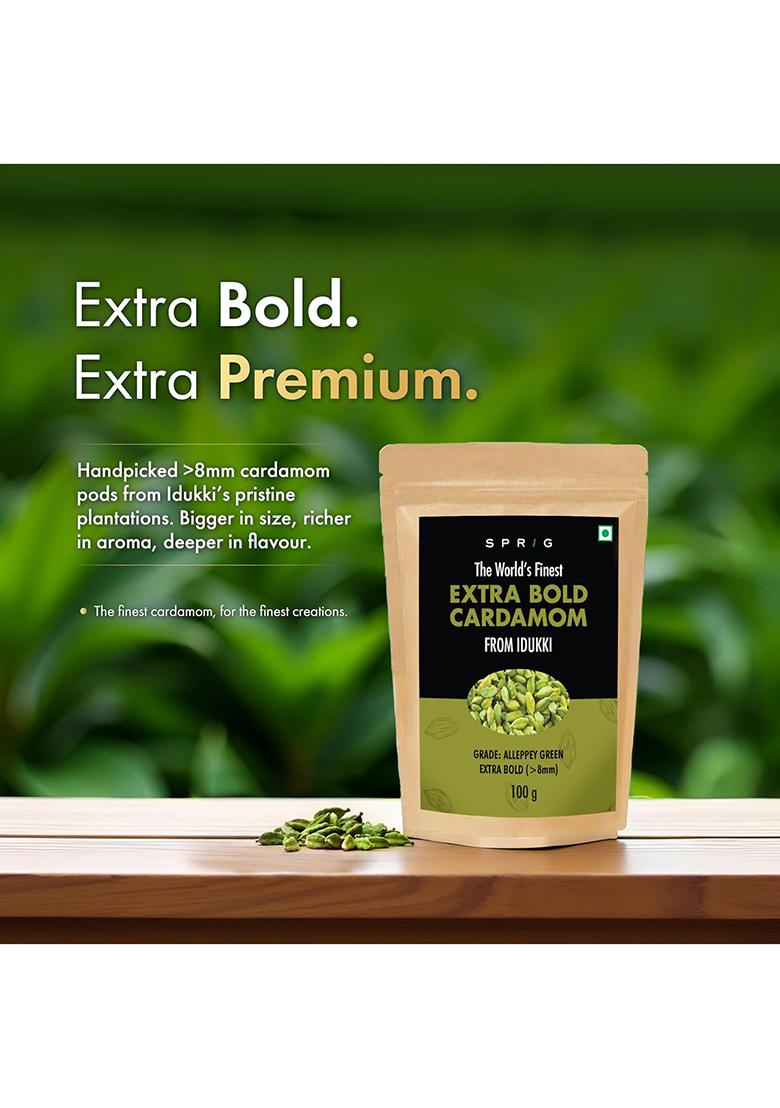 S P R I G Sprig Cardamom Extra Bold 100G | >8Mm Premium Elaichi Pods Handpicked From Idukki Plantations Natural Green For Masala Chai, Biryani, Kheer, Desserts