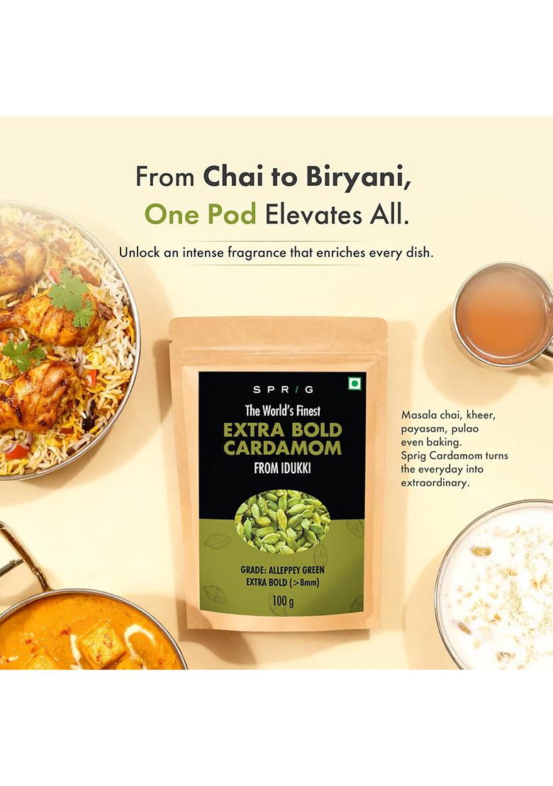 S P R I G Sprig Cardamom Extra Bold 100G | >8Mm Premium Elaichi Pods Handpicked From Idukki Plantations Natural Green For Masala Chai, Biryani, Kheer, Desserts