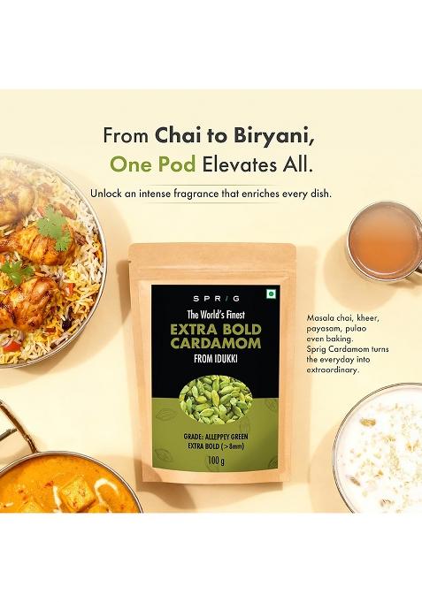 S P R I G Sprig Cardamom Extra Bold 100G | >8Mm Premium Elaichi Pods Handpicked From Idukki Plantations Natural Green For Masala Chai, Biryani, Kheer, Desserts