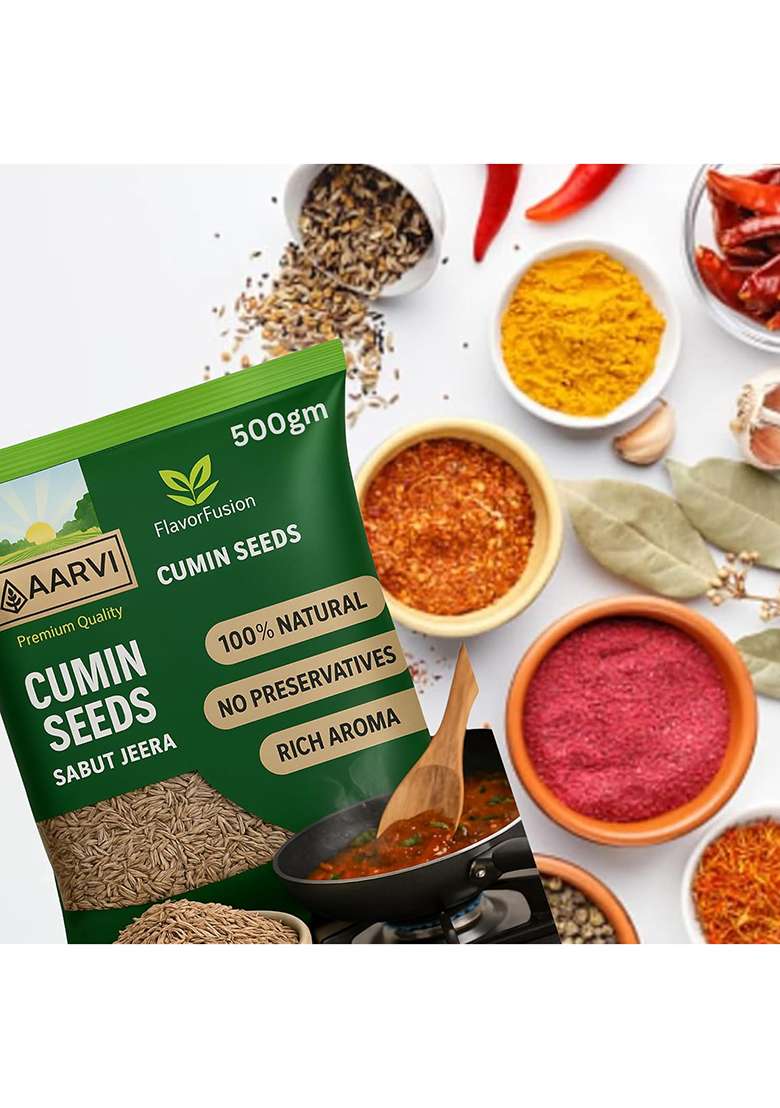 Aarvi Flavorfusion Cumin Seeds Sabut Jeera Whole 100% Natural & Fresh - Hygienically Packed, Rich Aroma Flavor Nutrient-Rich Spice For Indian Cooking (500Gm) - Indya