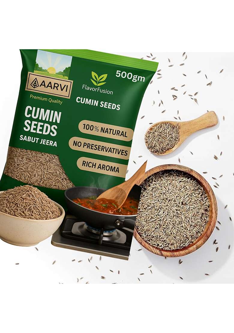 Aarvi Flavorfusion Cumin Seeds Sabut Jeera Whole 100% Natural & Fresh - Hygienically Packed, Rich Aroma Flavor Nutrient-Rich Spice For Indian Cooking (500Gm) - Indya