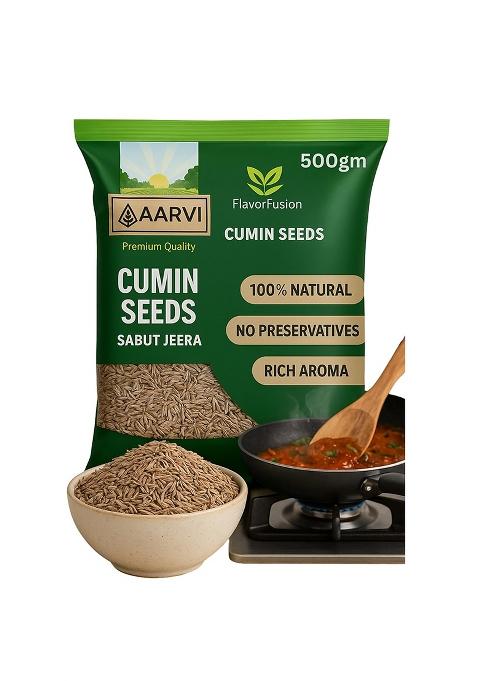 Aarvi Flavorfusion Cumin Seeds Sabut Jeera Whole 100% Natural & Fresh - Hygienically Packed, Rich Aroma Flavor Nutrient-Rich Spice For Indian Cooking (500Gm)