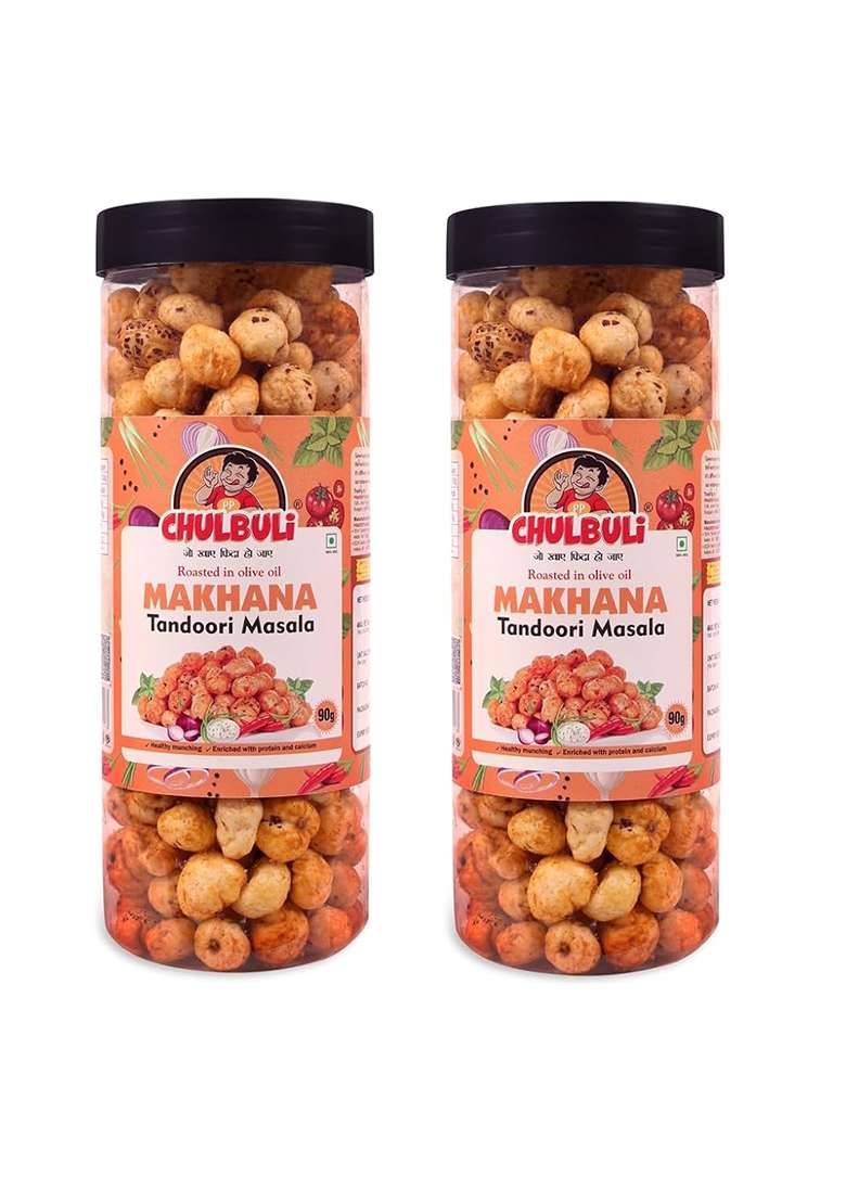 Pp Chulbuli Roasted Makhana Tandoori Masala Flavoured | Healthy Snacks Phool Dry Fruits In Fresh Rich Calcium Foxnut Crunchy & Light Trans Fat Palm Oil Free 90 Gm, Pack Of 2 - Indya