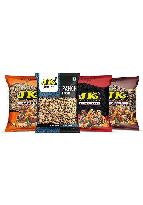Jk Jeera Whole + Panch Foran Kala Ajwain - Premium Spices For Cooking, Flavoring, And Health Benefits. Pack Of 100G*4