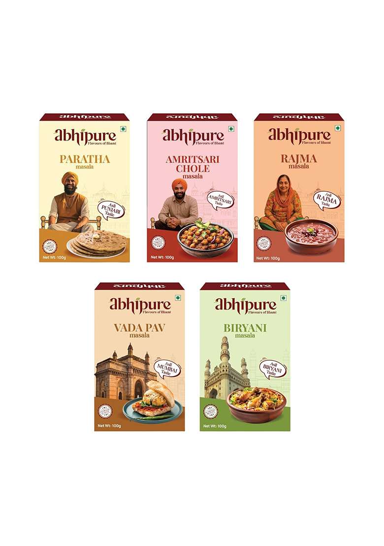 Abhipure 5 Authentic & Organic Indian Masala Variety Pack Vada Pav, Rajma, Amritsari Chole, Paratha Biryani Spice Mix | Instant Ready-To-Use Seasoning Best Recipe Tasty Aromatic Flavor For Home Cooking 500G (Pack Of 100G Each) - Indya