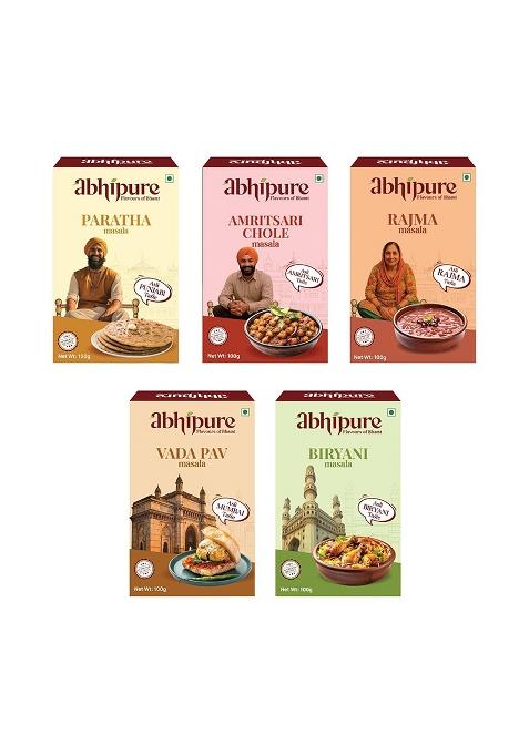 Abhipure 5 Authentic & Organic Indian Masala Variety Pack Vada Pav, Rajma, Amritsari Chole, Paratha Biryani Spice Mix | Instant Ready-To-Use Seasoning Best Recipe Tasty Aromatic Flavor For Home Cooking 500G (Pack Of 100G Each)
