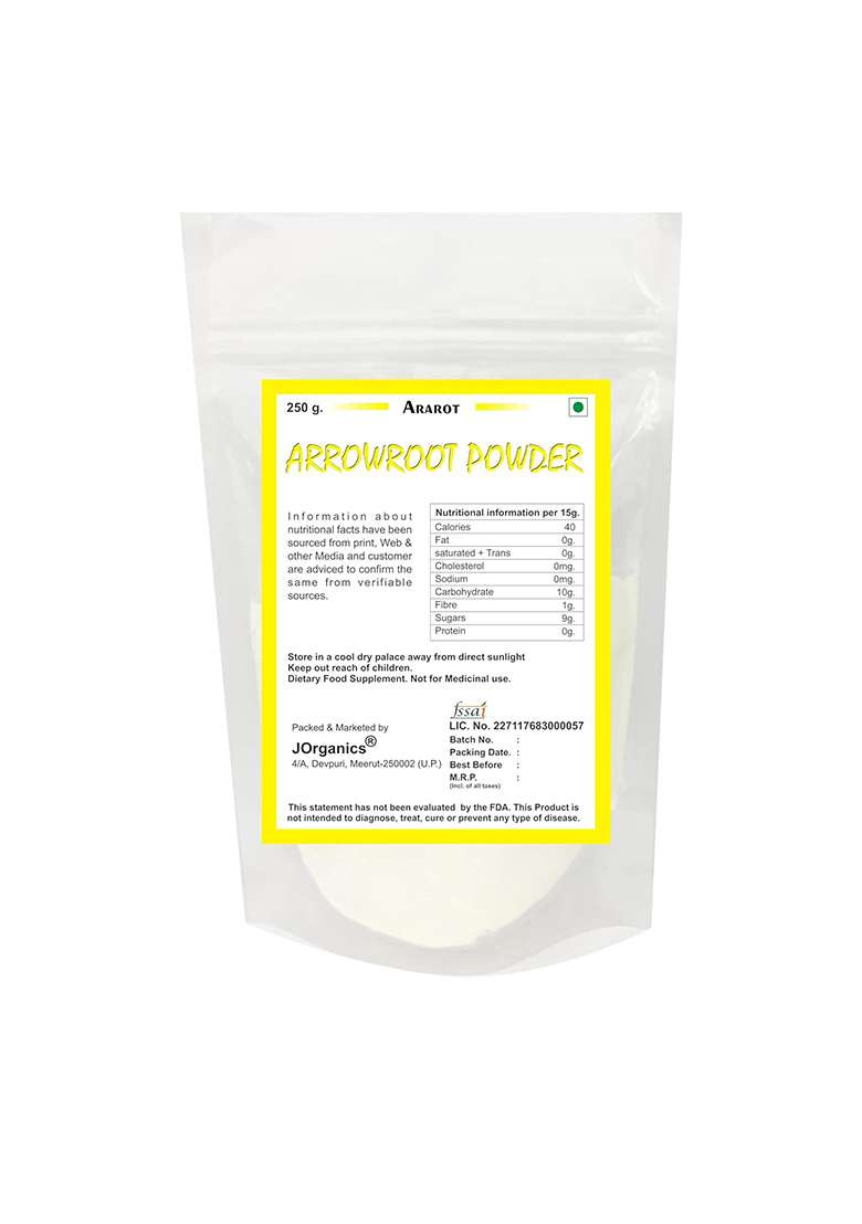 J Organics Natural Arrowroot Powder | Pure, Organic & Nutritious Ideal For Babies, Adults, Baking, Soups, Gravies, Puddings - 250G - Indya
