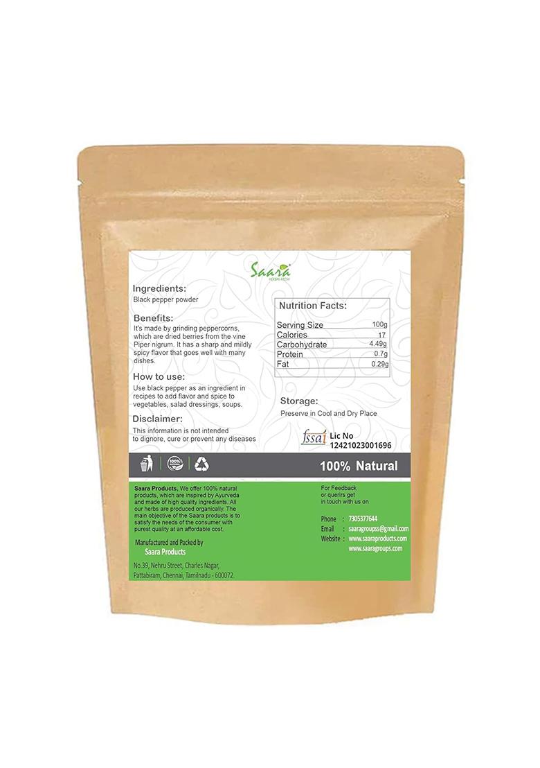 Saara Herbal Fresh Black Pepper Powder 100G, Milagu Podi, Powder, Kali Miri Mirchi, Sun-Dried, Zero Added Colours, Fillers, Additives Preservatives, High Volatile Oil Content, Natural, 100 Gms Pack Of 1 Brown Zipper Packaging