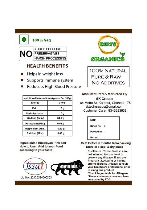 Diets Organics Himalayan Pink Salt,Fine Grains Salt,Mineral Salt For Regular Cooking-1Kg