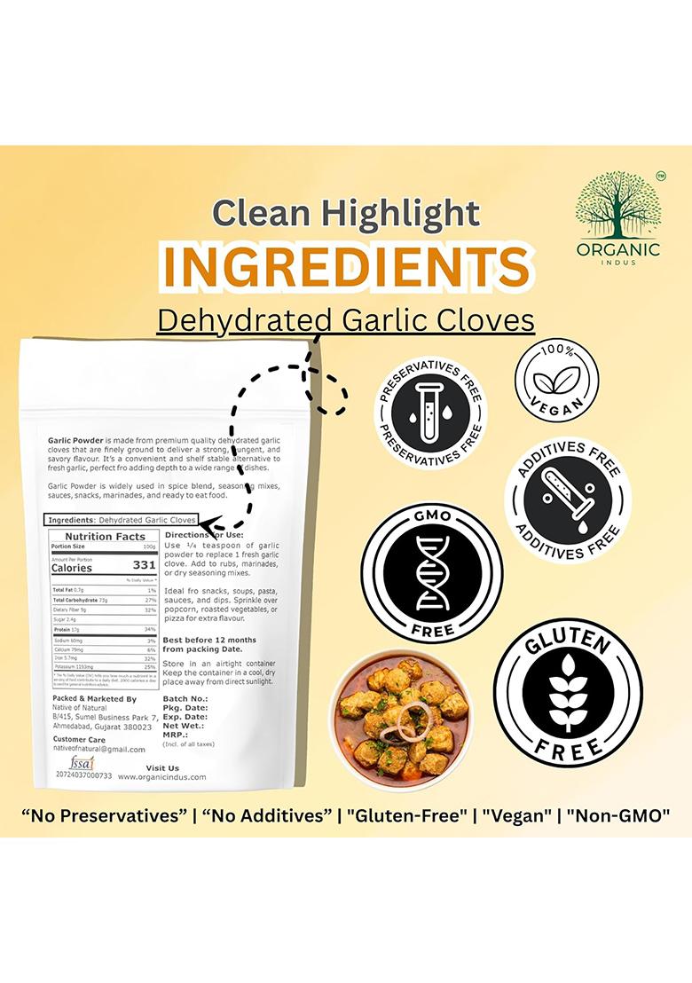 Organic Indus Dehydrated Garlic Powder| 100% Pure Lehsun Powder | Ready To Use Farm Fresh Zero Added Colours, Fillers, Additives & Preservatives 1Kg (Pack Of 1)