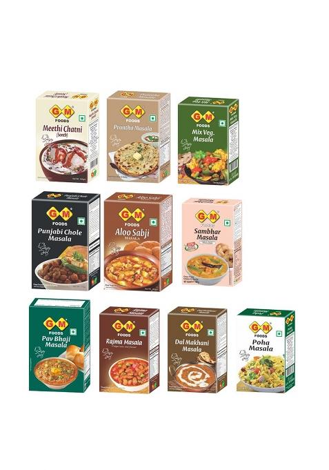 Gm Foods Mix Veg, Rajma, Dal Makhani, Punjabi Chole, Aloo Sabji, Sambhar, Paratha, Pav Bhaji Masala, Poha, Meethi Sonth 100G Each (Pack Of 10)| Easy To Cook | Authentic Indian Taste No Preservatives