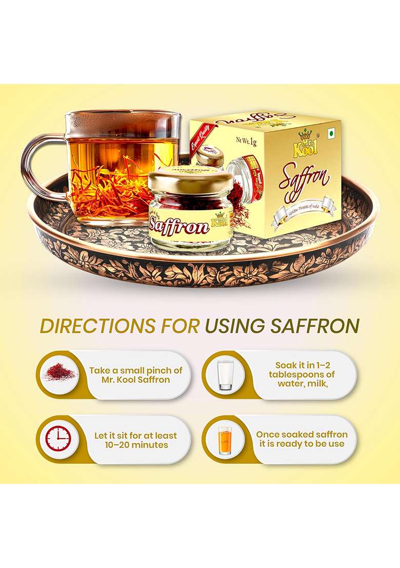 Mr. Kool Kashmiri Saffron | 100% Pure & Natural Kesar Certified A++ Grade Handpicked Lacha For Biryani, Desserts, Skin Care Wellness Authentic - 1Gm 10Pack - Indya