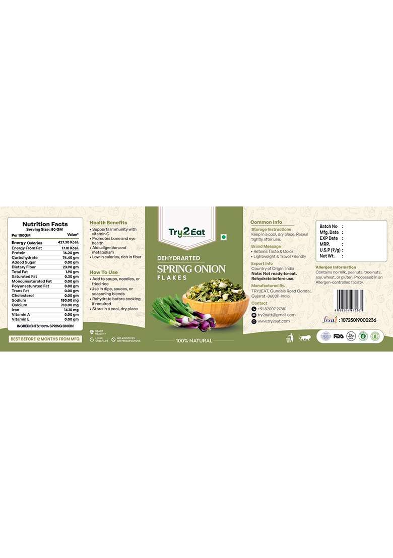 Try2Eat Spring Onion Flakes 50G | 100% Natural Dehydrated No Preservatives Ready To Cook Sun Dried & Hygienically Packed Fresh Aroma Authentic Taste Ideal For Soups, Curries, Noodles, And Sauces Long Shelf Life Perfect Home, Restaurant Travel Use - Indya