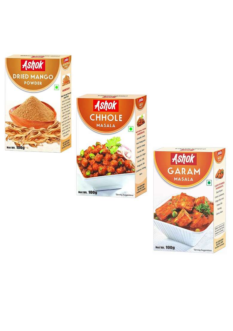 Ashok Dried Mango Powder, Chole Masala And Garam Masala, Spices Combo Pack With Natural Ingredients -100 Gram In Each - Indya
