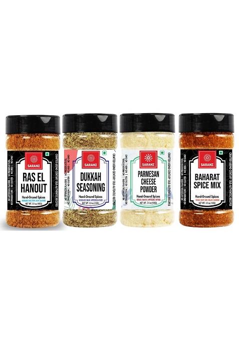 Saranz Ras El Hanout, Parmesan Cheese Powder, Baharat Spice Mix & Dukkah Exotic Seasoning ( Combo Pack Of 4 ) Perfect For Snacks, Appetizers | Hand-Grounded Spices Fresh Grilling Marinade Sweet-Spiced Flavor 100 Gm Sprinkler Jar