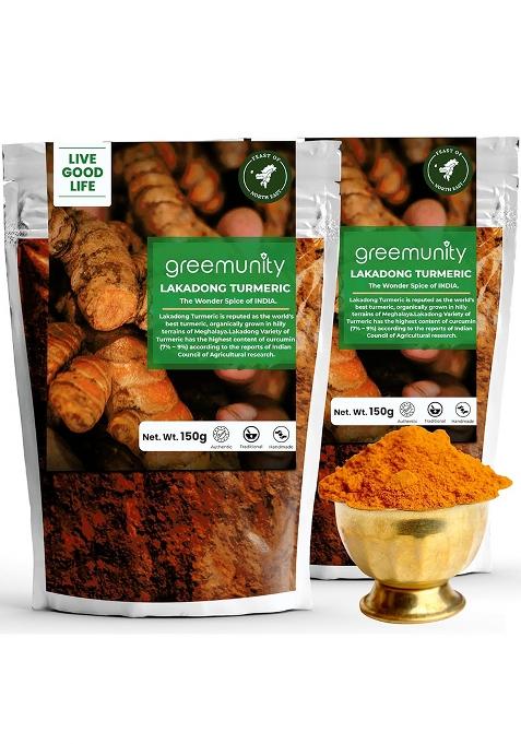 Greemunity | Lakadong Turmeric 300 Gms (150Gms Each X 2) Pack Of 2 From Jantia Hills, Meghalaya Premium Haldi Powder Circumin Value 9% ~11% High Organic